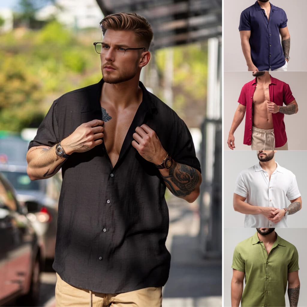 Camisa Masculina Viscose Texturizada Manga Curta Botão Praia Premium Verao Leve LVBR Old Money