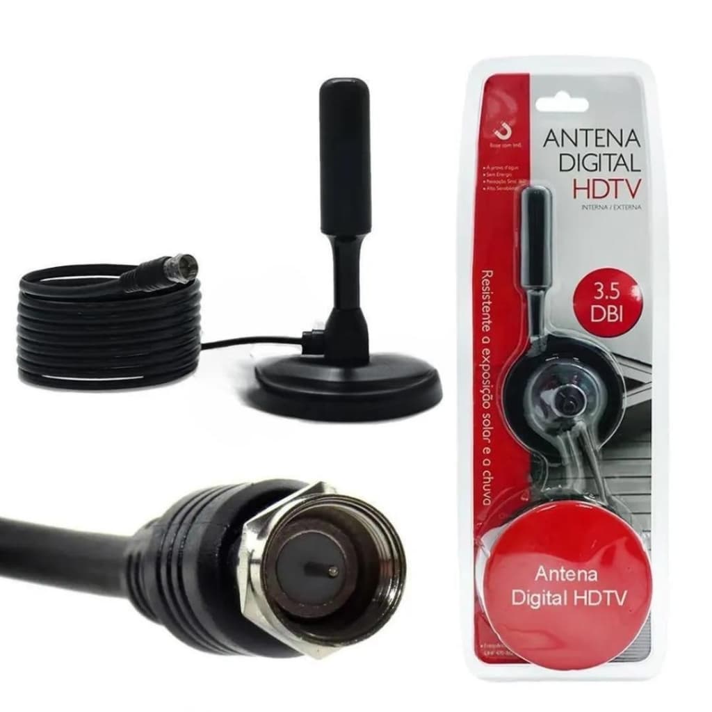 Antena TV Digital HDTV Interna/Externa 3.5 DBI Com Cabo 5 metros - Lukton