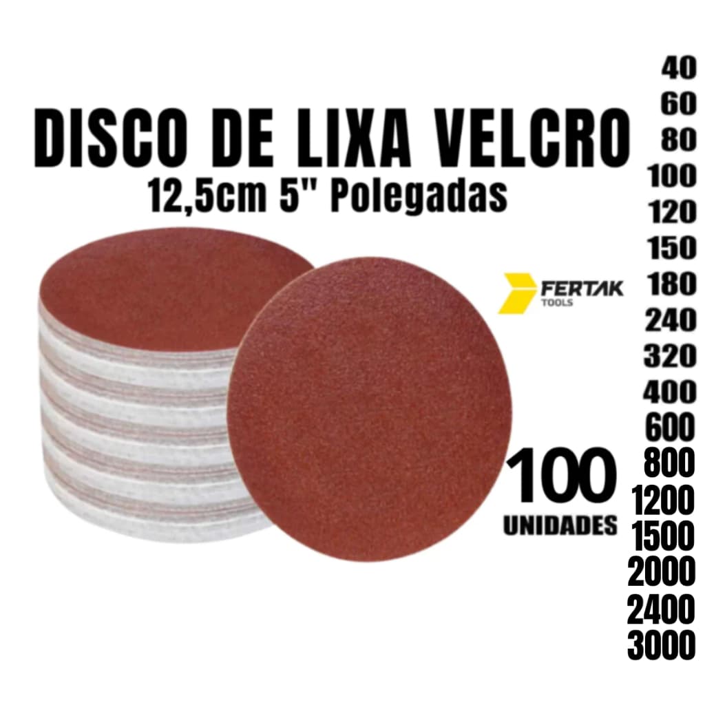 Kit 100 Disco Lixa Velcro 125mm Sem Furos para Ferro Metal Madeira e Massa Lixadeira Orbital