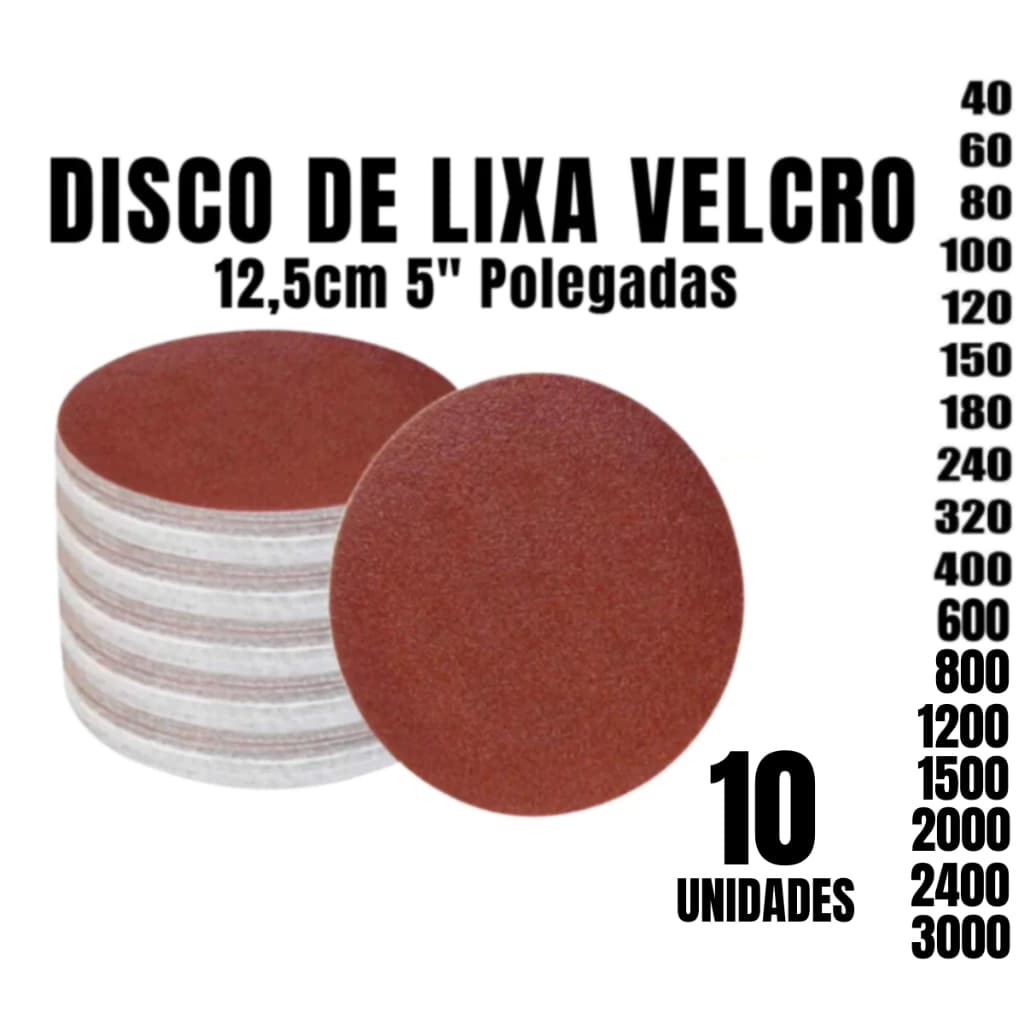 Kit 10 Disco De Lixa Velcro 125mm Sem Furos Lixadeira Roto Orbital para Ferro Metal Madeira e Massa