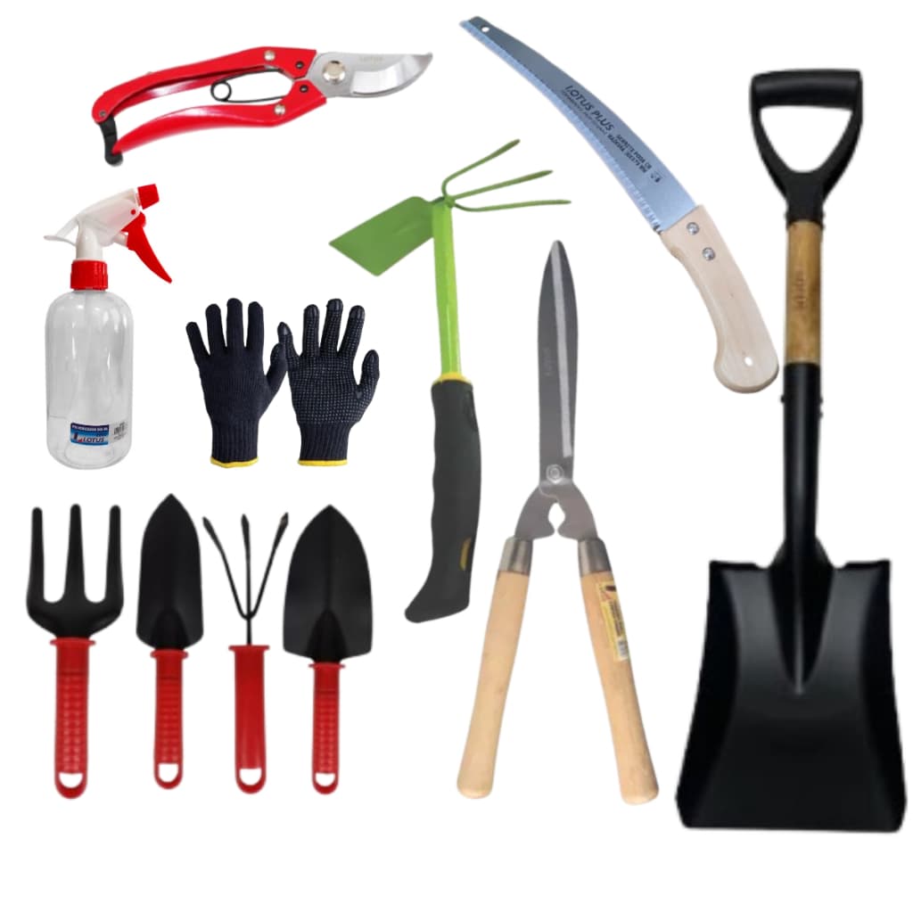 Kit Jardinagem 11 Peças Tesoura Poda Tesoura grama  Mini garfo Luva Pá Quadrada Serrote Mini Lotus