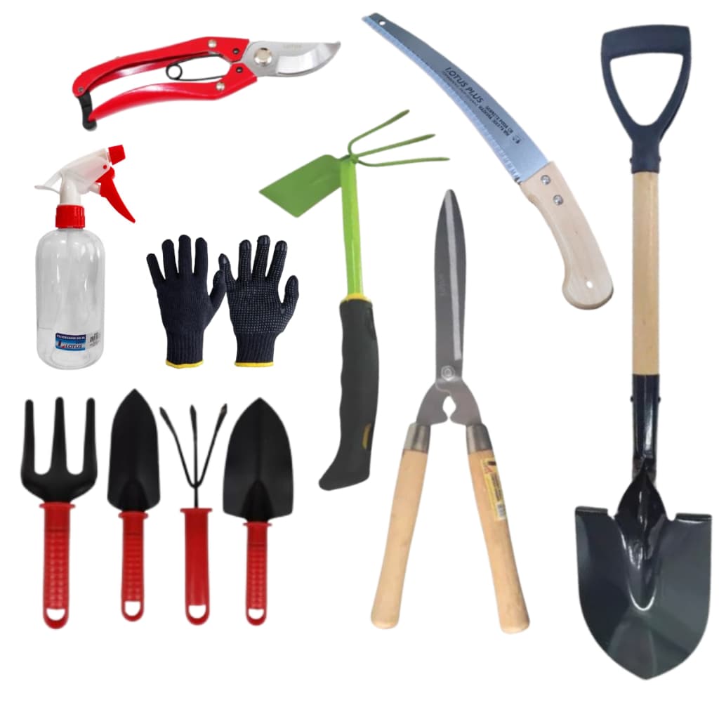 Kit Jardinagem 11 Peças Tesoura Poda Tesoura grama Mini garfo Luva Pá Serrote Mini Ferramentas Lotus