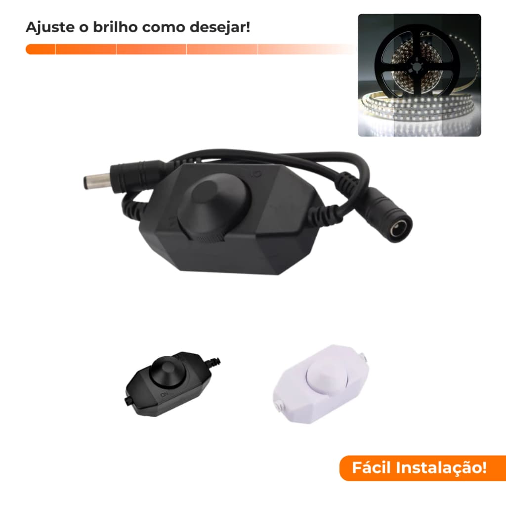 Dimmer Analógico Controlador Fita Led Cabo P4 Branco e Preto