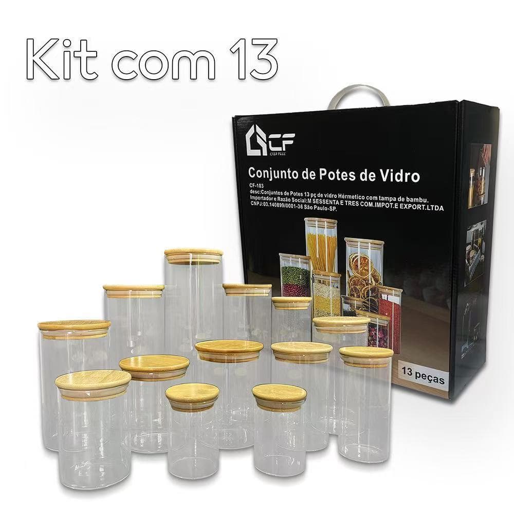 Kit Potes de vidro herméticos com 8 ou 13 potes Tampa Bambu