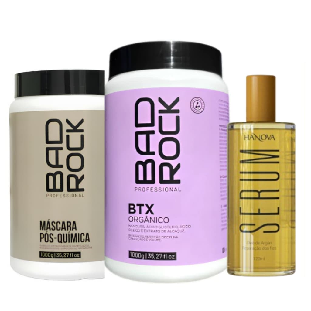 B-tox Organico 1kg + Máscara Pos-Química Bad Rock + Sérum Capilar Hanova