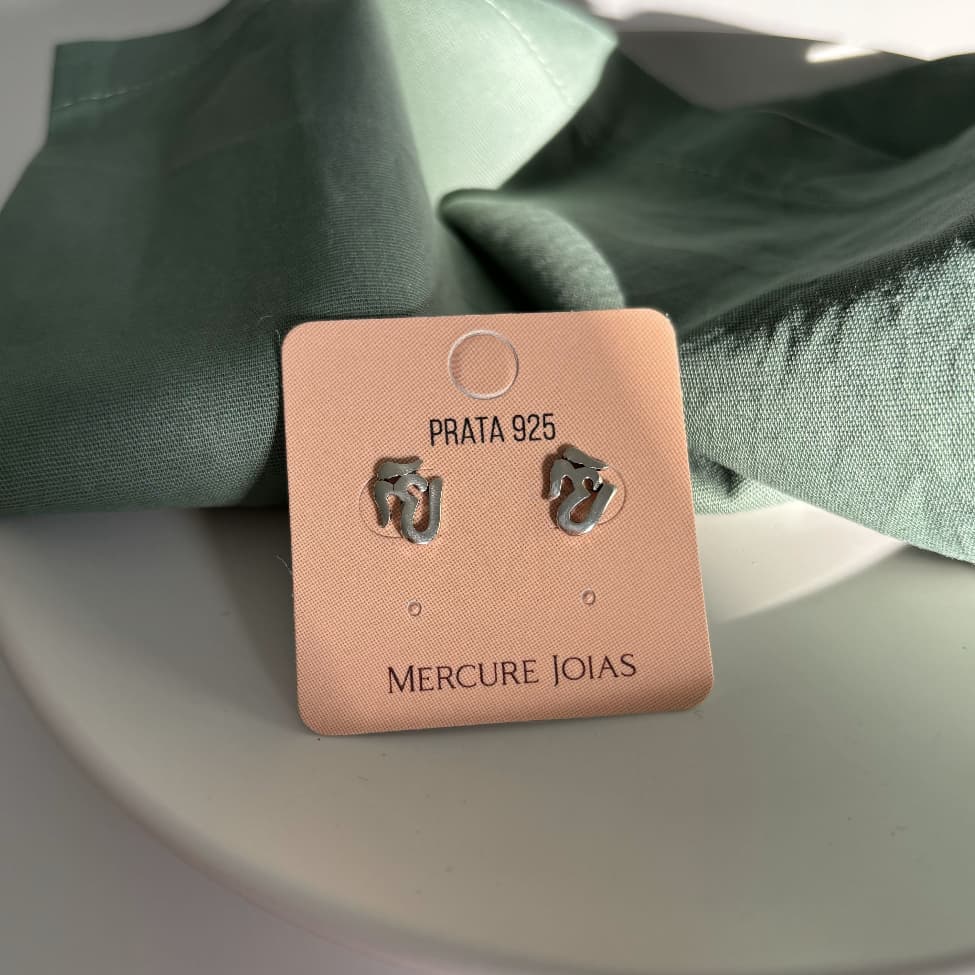 Brinco Feminino Masculino Escrita Ohm Meditação OM Prata 925 Legítima - Yoga Ioga Prata de Lei Prata Maciça Símbolo