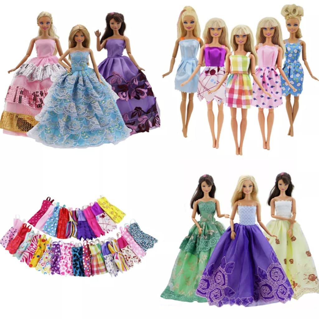 Kit De Vestidos Para Bonecas Longos de Cetim Modelo Festa / Princesa E Curtos Casuais De Poliéster  Sheilinha Confecção