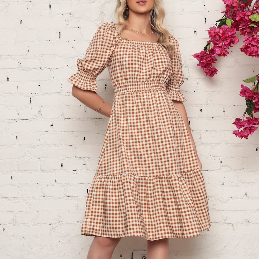 Vestido Feminino | crepinho com Elastec l Xadrez l Ombro à Ombro.