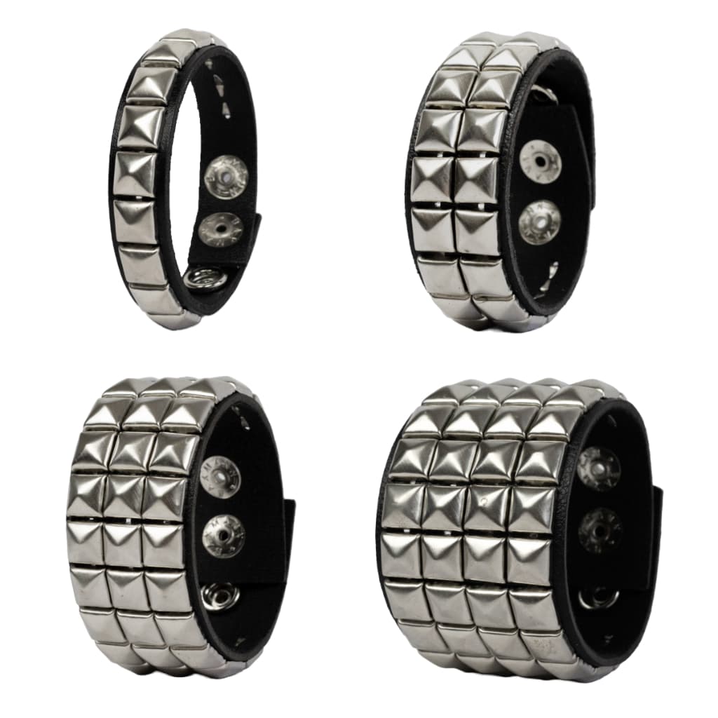 KIT com quatro 4 Braceletes Pulseiras em Couro na Cor Prata de Pirâmides Estilo Punk Rock / Emo