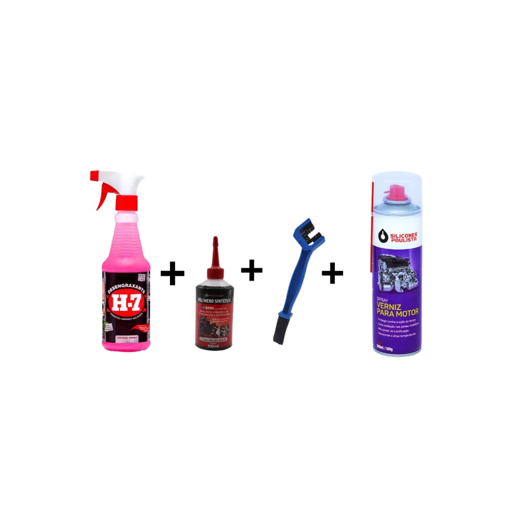 Kit Limpeza Pesada para Motos Desengraxante H7 500ml + Lub de Correntes 100ml + Escova para Correntes+Verniz de Motor