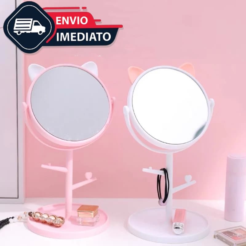 Espelho de Mesa Gato Porta Bijouteria Maquiagem Penteadeira