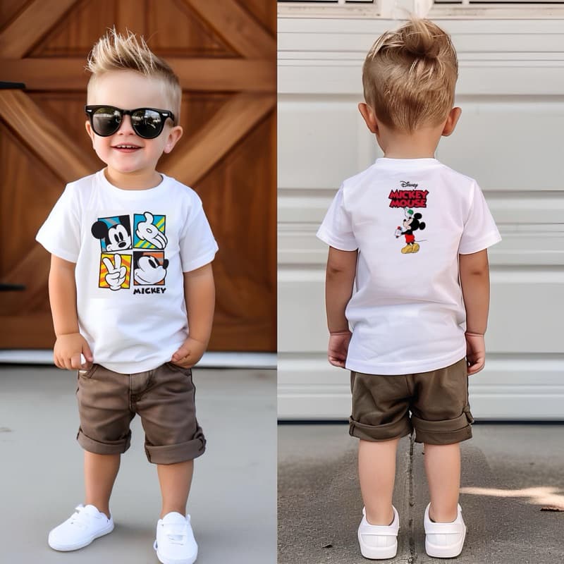 Camiseta Branca Infantil Estampada Mickey Disney frente e verso confortável menino