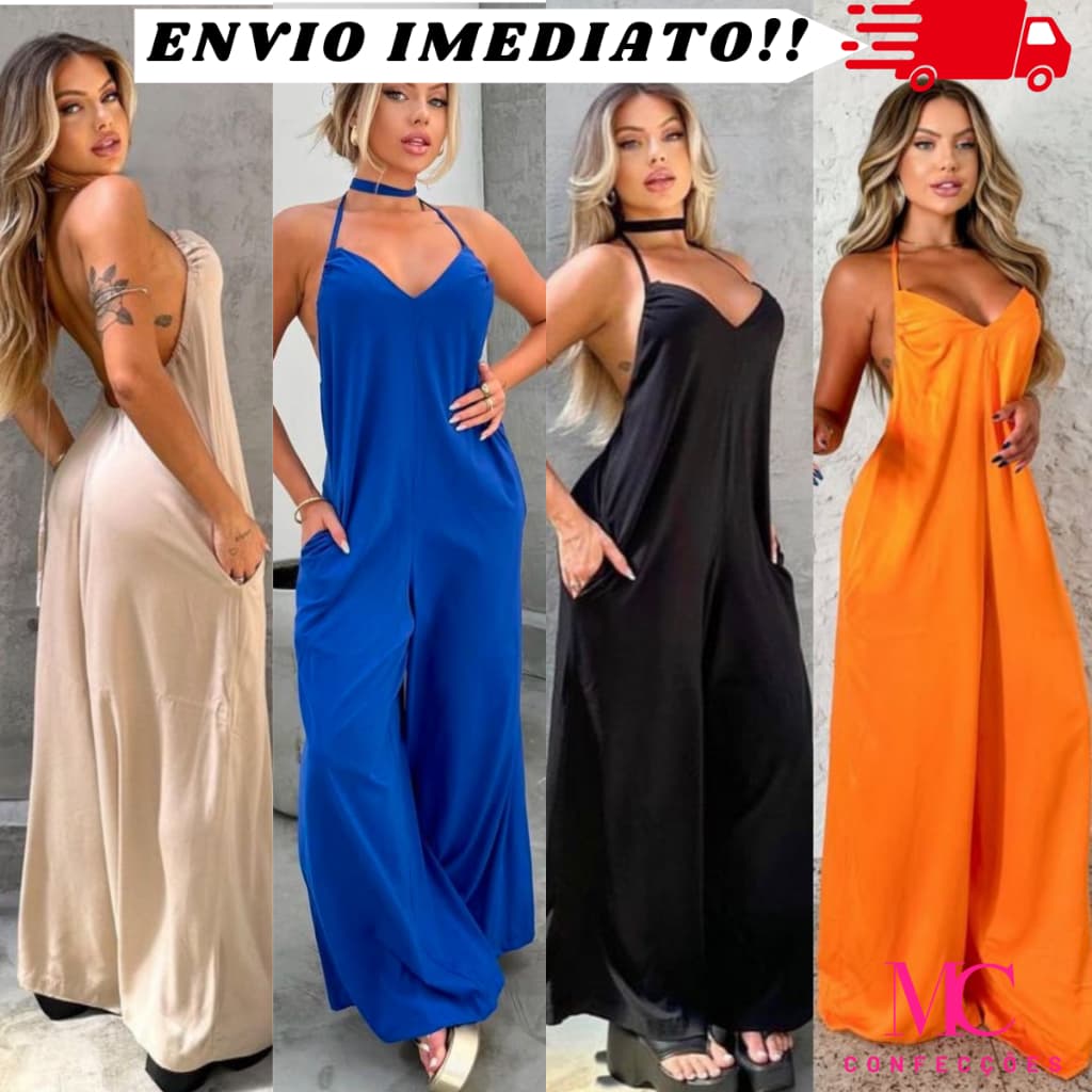 Macacão Longo Feminino Pantalona Frente única Alcinha Tendência Verão