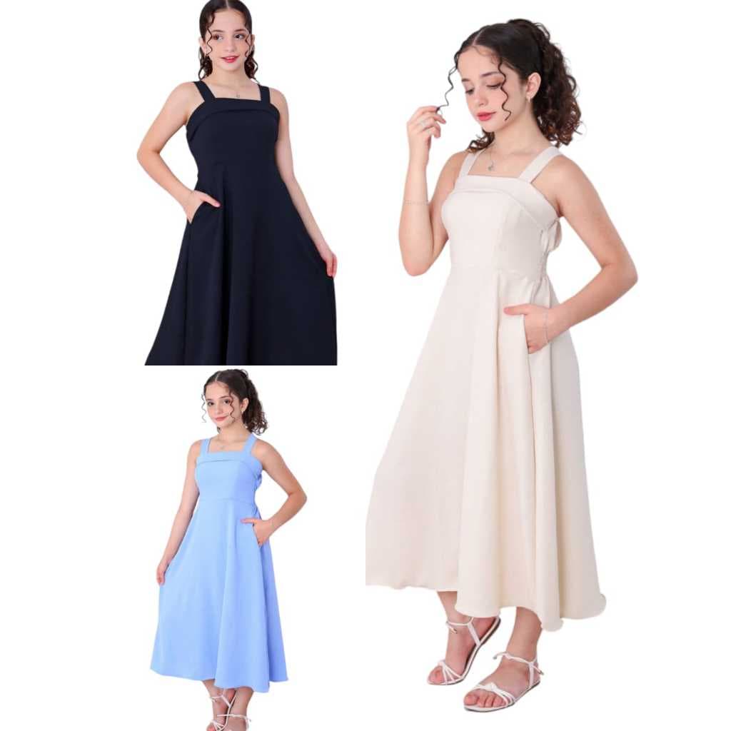 Vestido Juvenil Evangelico Midi Com Bolso Para Meninas 10a16