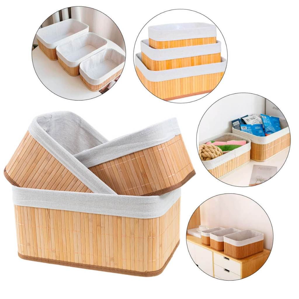 Kit 3 Cestos Organizadores de Bambu com Forro Lavável P, M e G para Casa