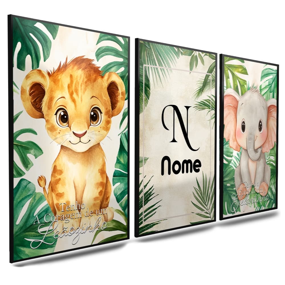 Quadros Decorativos Infantil Menino Safari Baby Com Nome 3 Peças Mosaico Sala Quarto Escritório Hall