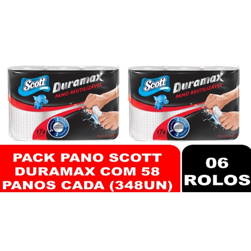 Kit com 06un rolos Pano multiuso Scott Duramax Branco 348 panos (02 packs com 03un)
