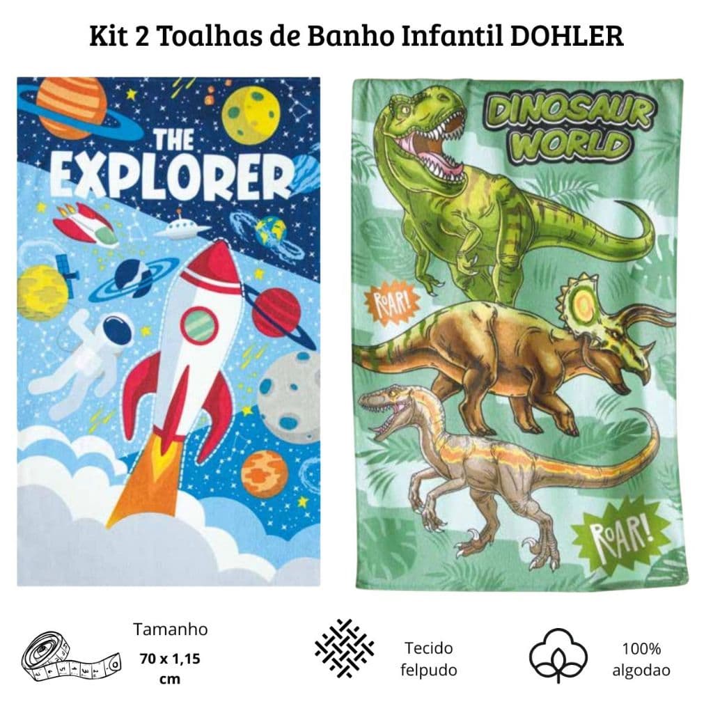 Kit 2 Toalhas de Banho Infantil Estampada Dohler Menino e Menina