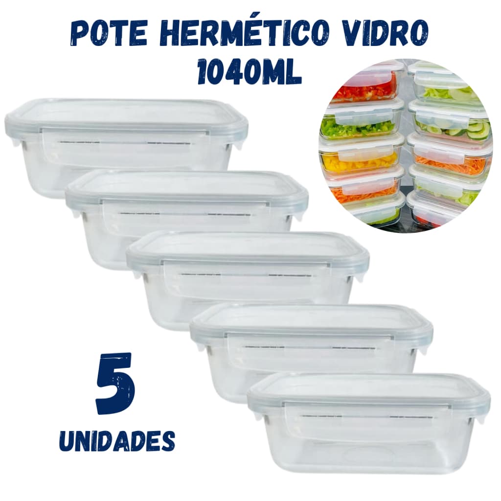 Kit 5 Potes Hermético 1040ml Vidro Tampa 4 Travas Pote Marmita Grande