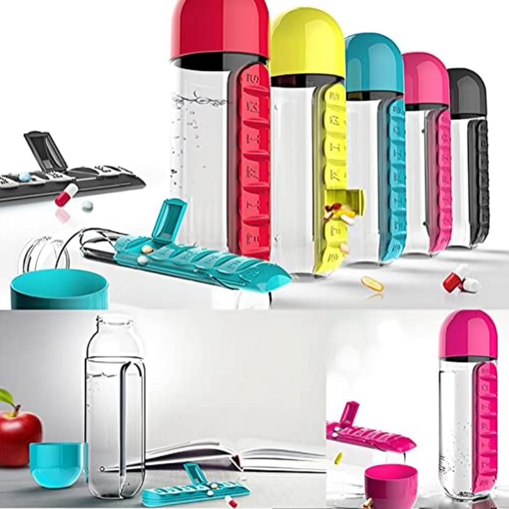 Garrafa De Agua Squeeze Colorida Com Porta Comprimidos 600ml Porta Remédio Bebida Squeeze Vitaminas