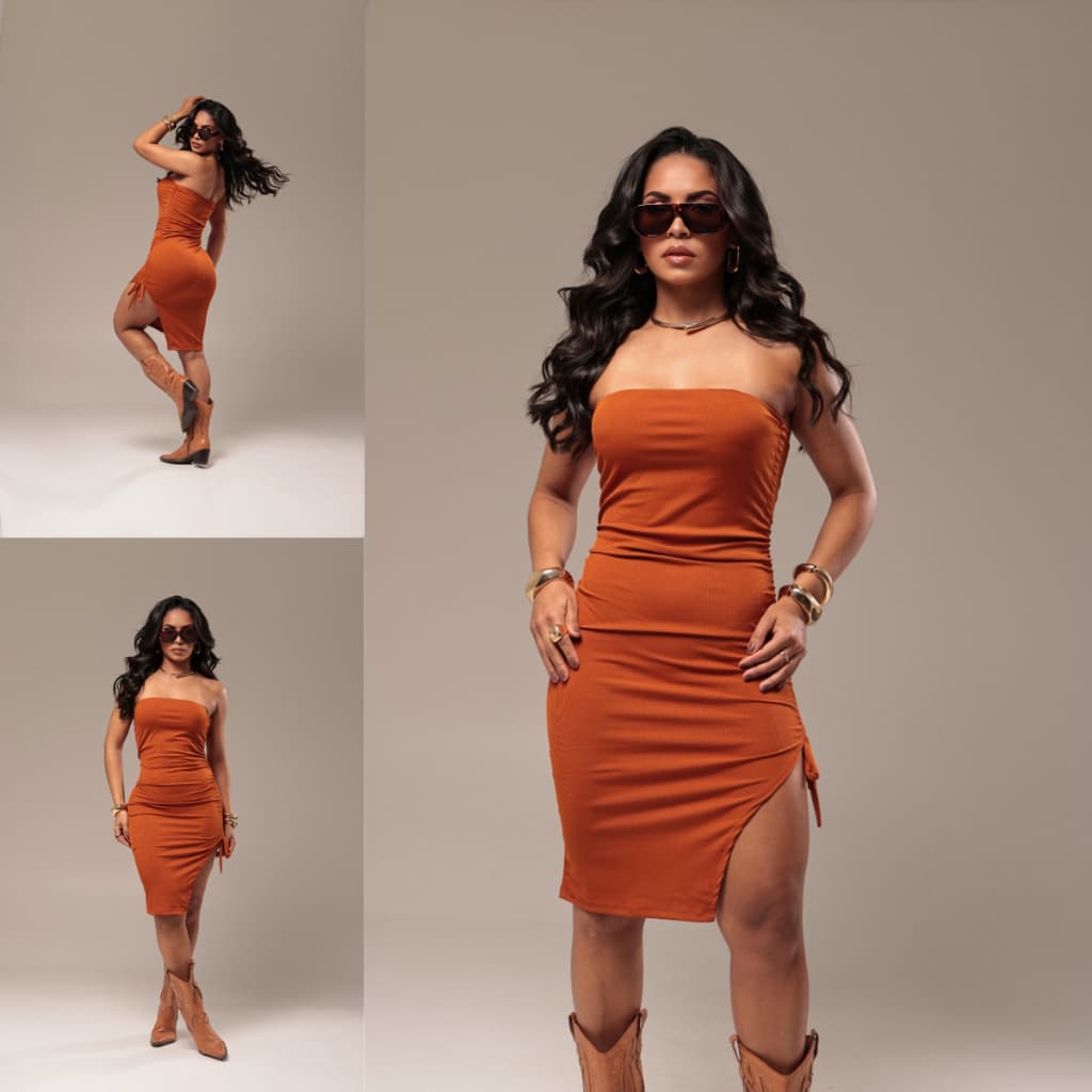 Vestido Feminino Mídi Com Fenda Lateral Ajustável Tomara Que Caia  Com Forro No Busto Tecido Canelado Premium