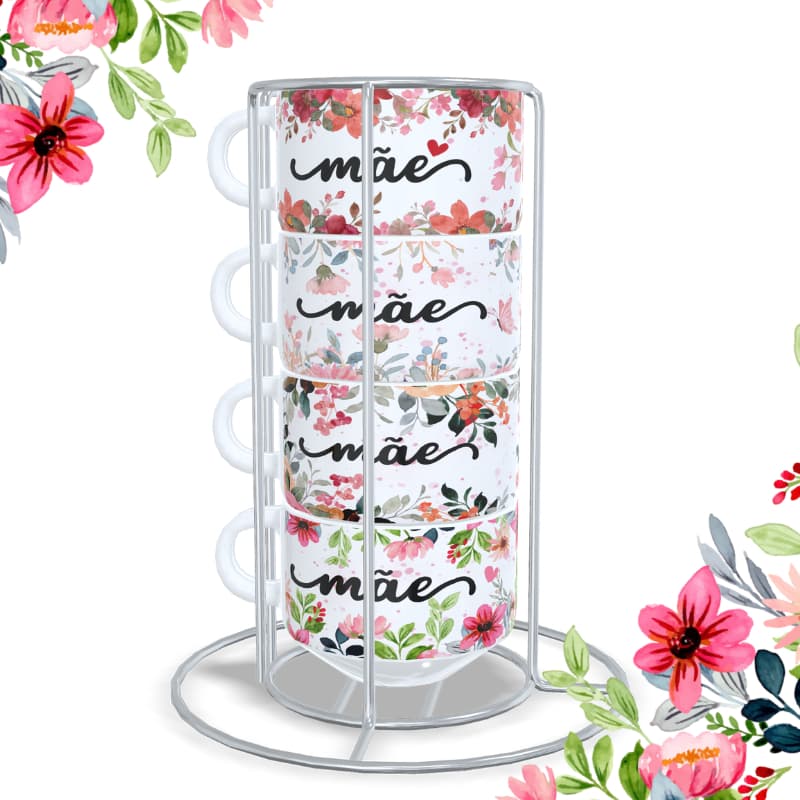 Jogo de Xícaras Floral para a Mãe Com Nome com 4 ou 2 Xícaras + Suporte