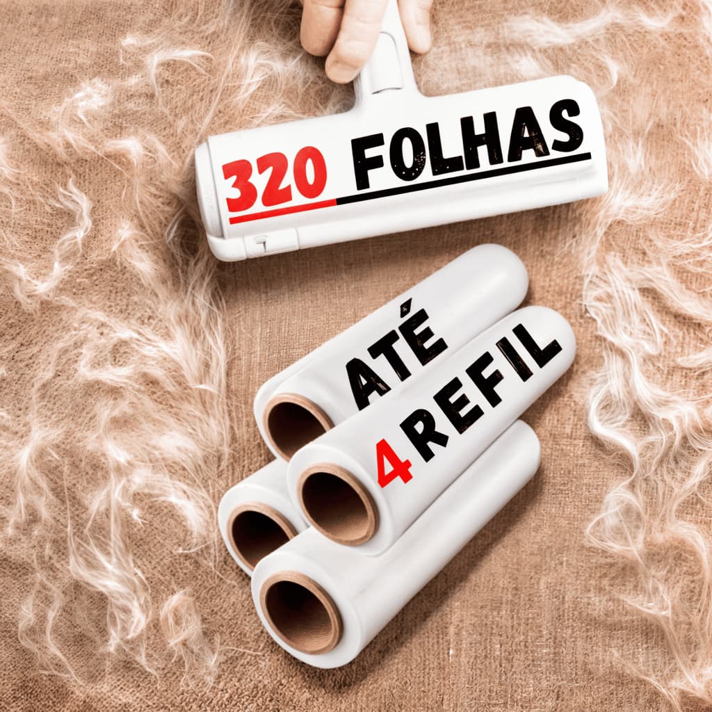 Rolinho Tira Pelos Multiuso Rolo Adesivo até 4 Refil 320 Folhas Limpa Roupa Pelo Animal Sofa