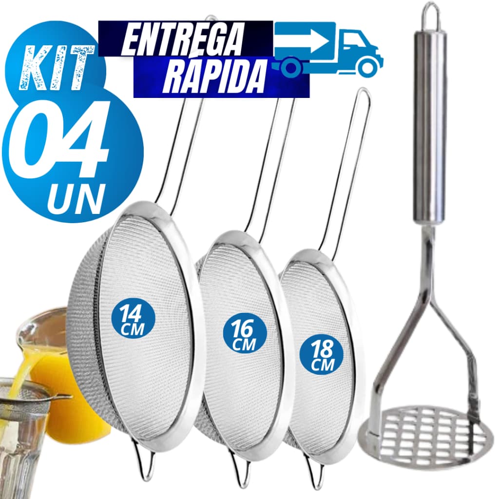 Kit 04/03/02/02 Peneira Coador Manual Em Aço Inox 3 Tamanhos 14cm 16cm 18 + 1 amassador de batata alta Qualidade