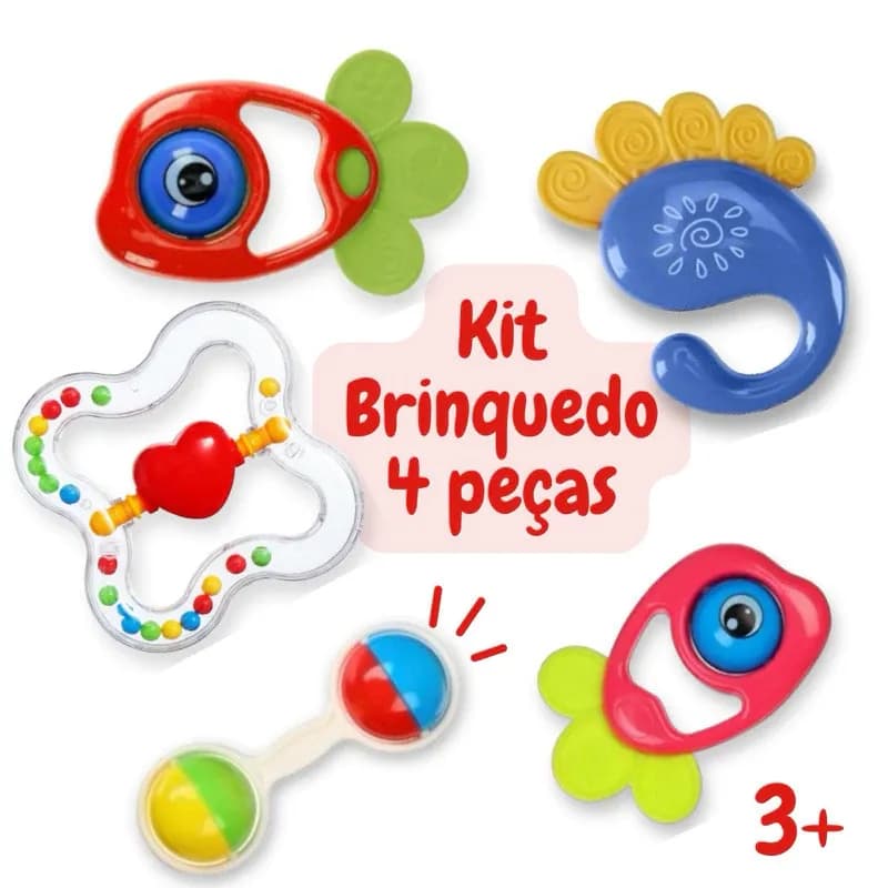 Kit Brinquedos Para Bebê Coloridos Silicone Chocalho + Mordedor Macio Criança Neném Promoção