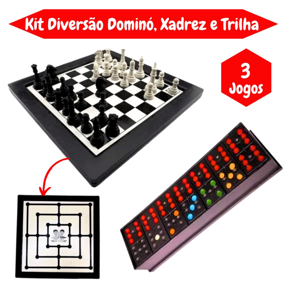 Dominó Jogo de XADREZ e Trilha Kit Diversão 3 Jogos Diversão sem limite kit brinquedo para presente.