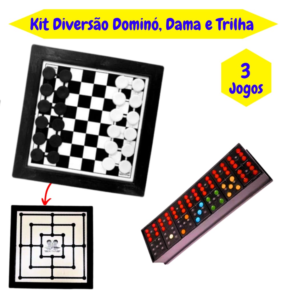 Dominó Jogo de Dama e Trilha Kit Diversão 3 Jogos Diversão sem limite kit brinquedo para presente.