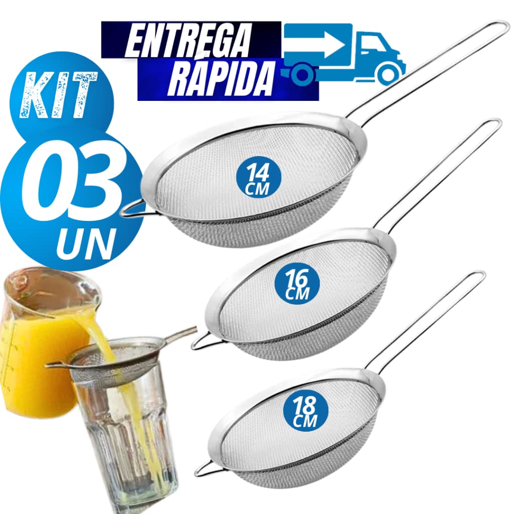 Kit 03/02  Peneira Coador Manual Em Aço Inox 3 Tamanhos P - M - G Resistente Linha Premium