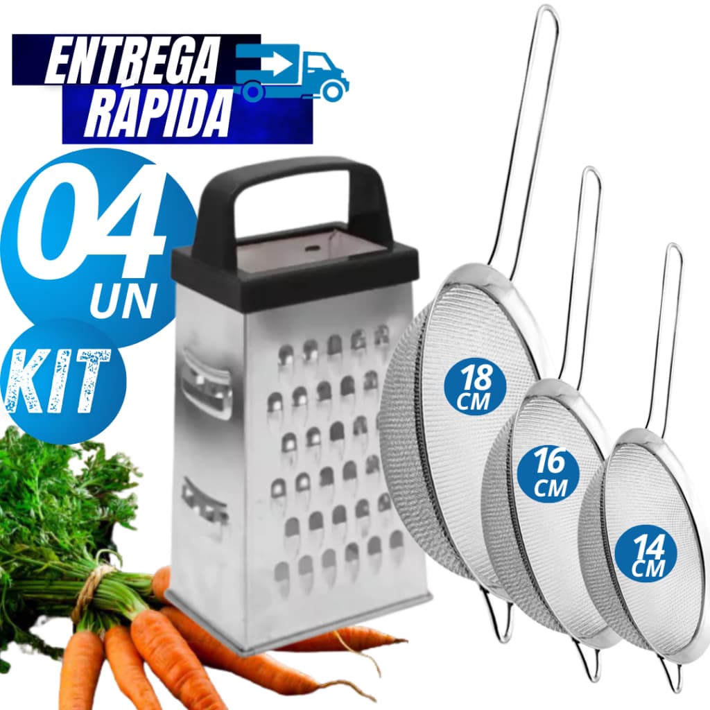 Kit 04/02 Peneiras Inox Coador 14cm 16m 18cm  Fatiador Ralador 4 Faces Alimentos Utensílios Cozinha Linha Premium