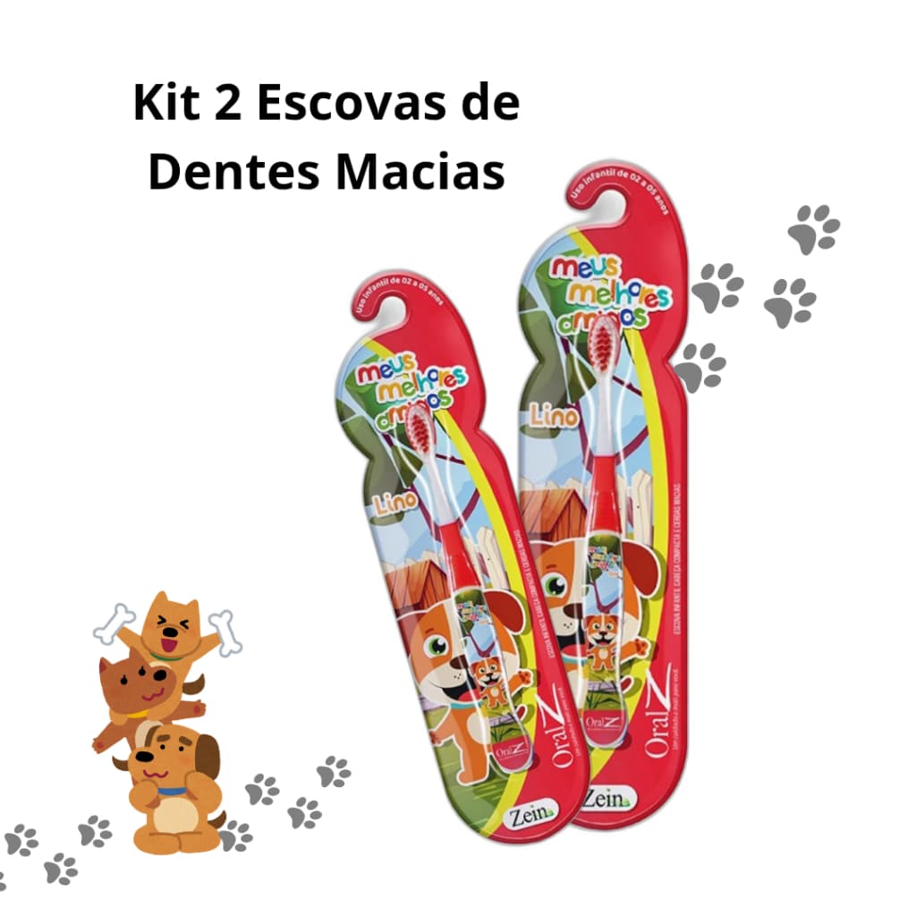 Kit 2 Escova De Dentes Macias Vermelha Criança Infanti Cachorro Menino