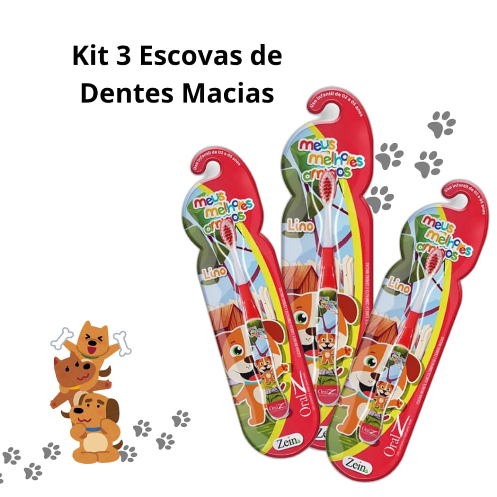 Kit 3 Escovas De Dentes Cerdas Macias Menino Infantil Criança Cachorro