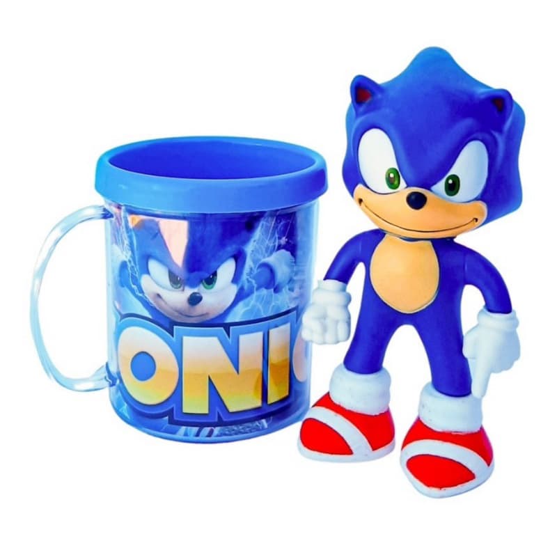 Kit Conjunto Boneco Colecionável Sonic Azul Articulado Sega 15cm + Caneca Personalizada 350ml Original