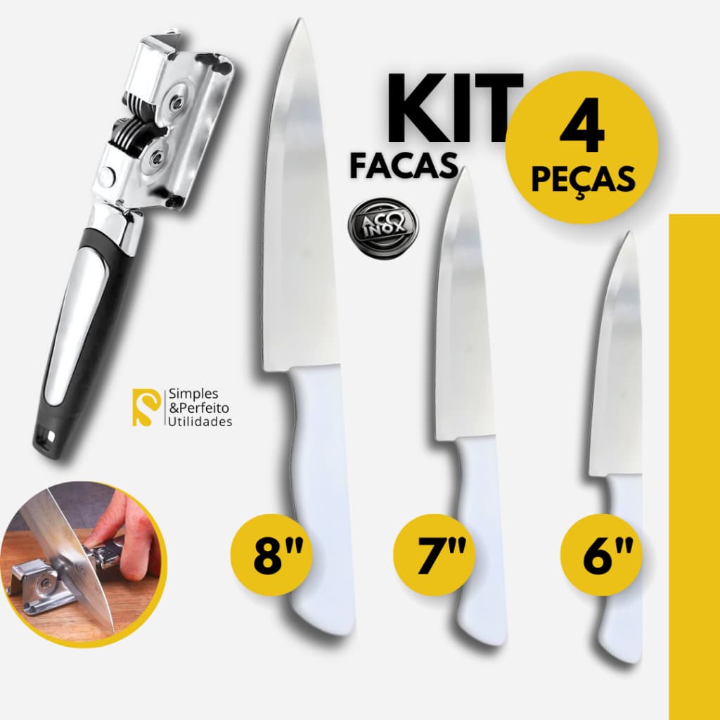 Kit 4 Peças Facas + Afiador de Aço Inox para Cozinha Churrasco Açougue Chef e Donas de Casa