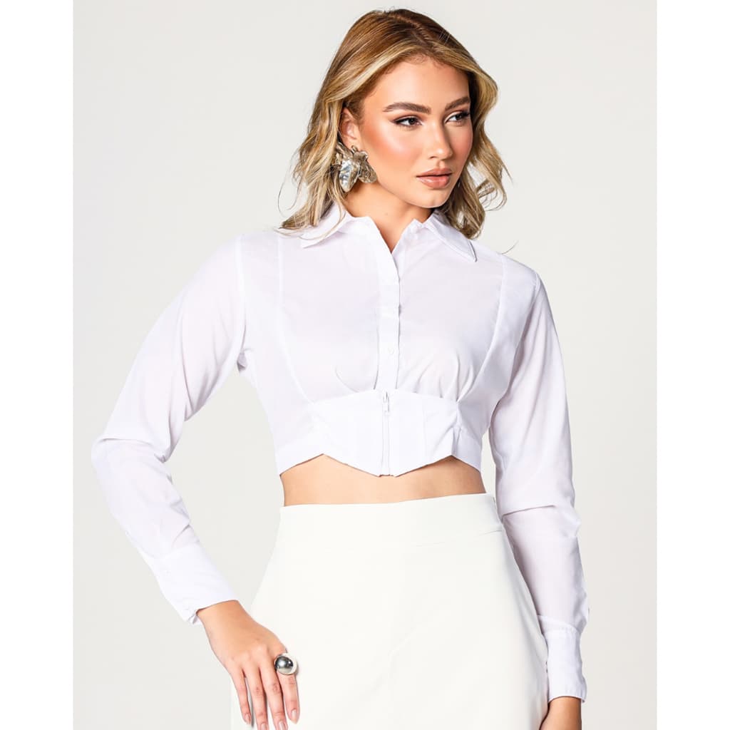 Camisa Cropped Manga Longa Elegante
