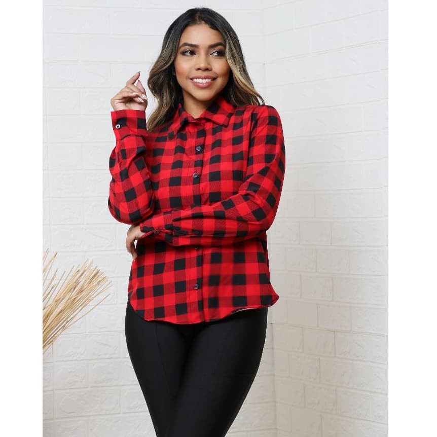 camisa/blusa/social/feminina/em/xadrez/manga longa/tecido/crepinho