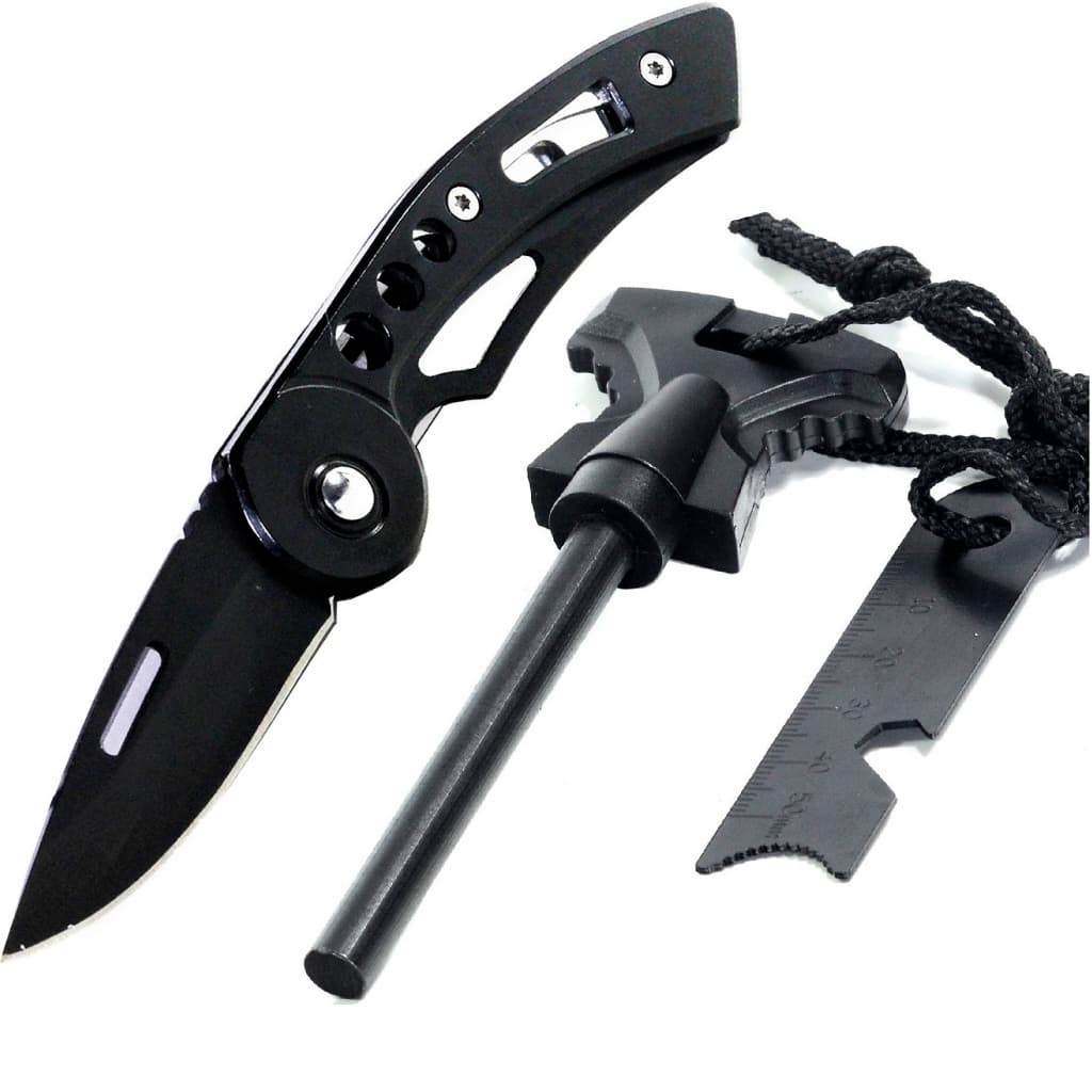 Mini Canivete Mini Faca Edc Black Ops KN-4X + Pederneira Maciça Magnésio Acendedor Fogo