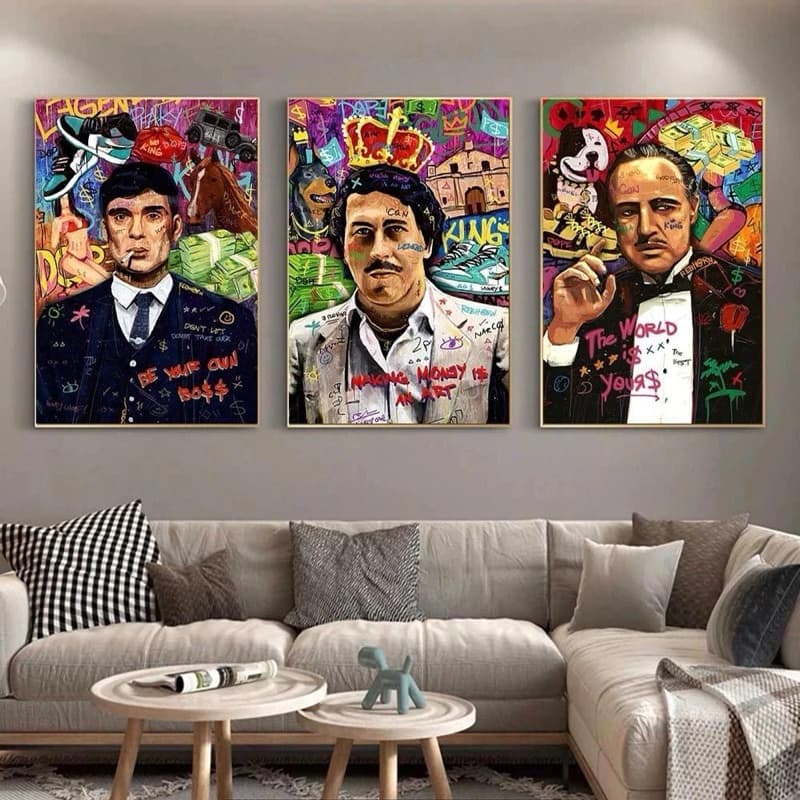 Kit 3 Quadros Decorativos Modernos Elegante Quadro decorativo mafiosos 3 peças quadro thomas shelby pablo escobar mdf