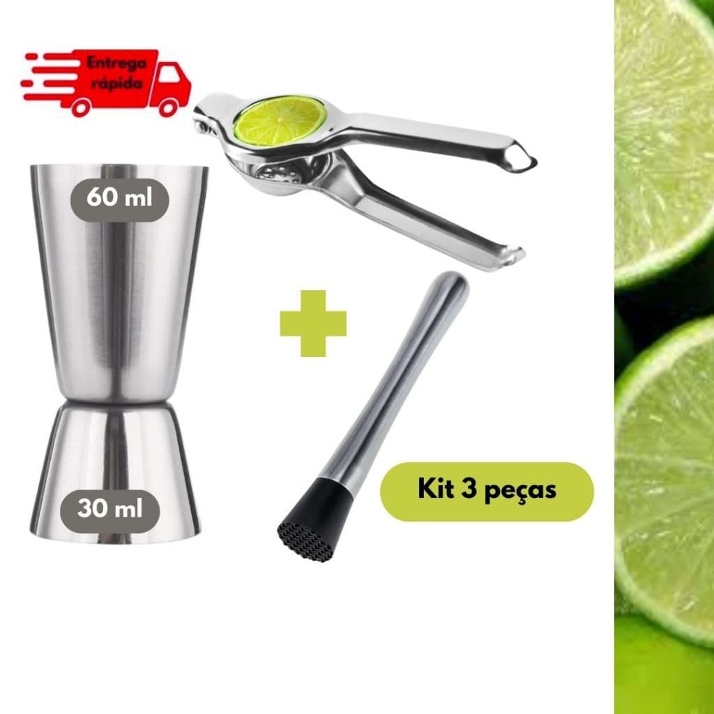 Kit Caipirinha Dosador Duplo 30/60 Ml Espremedor E Socador Drinks