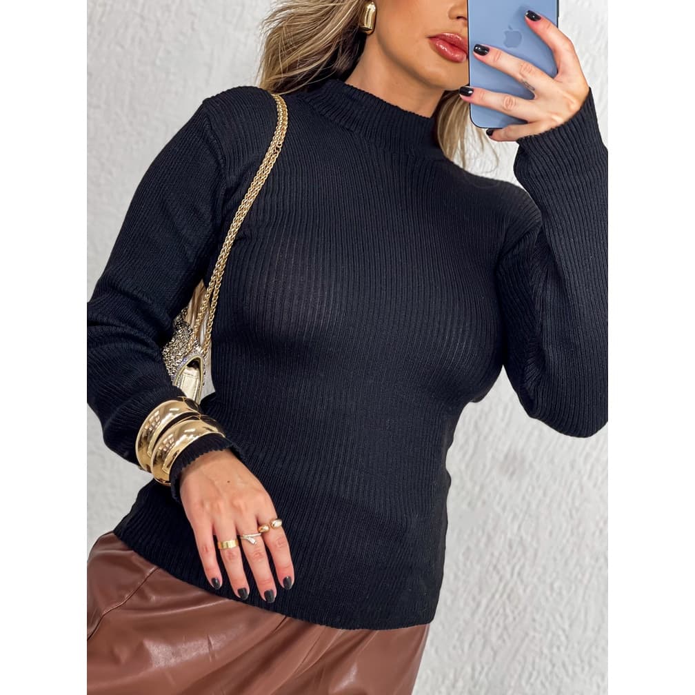 Blusa De Frio Cacharrel Feminina Tricô Manga longa Golinha básica canelada
