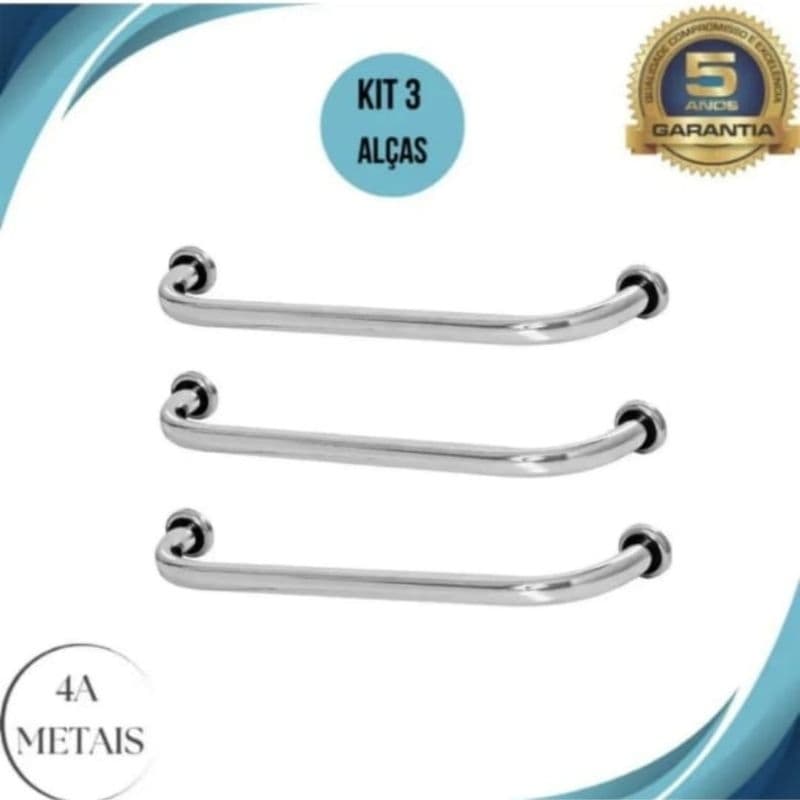 kit 3 Alças Barras de Apoio de Alumínio e Inox de 30 cm para Idosos e Pessoas com Deficiência