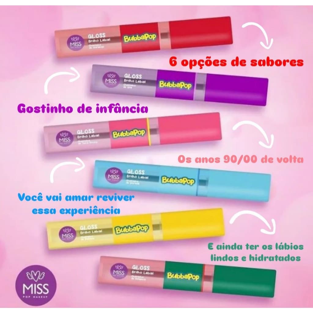 Kit Brilho Labial Gloss Babalu BubaPop Lip Oil Hidratante para Lábios com Sabor e Cheiro de Chiclé