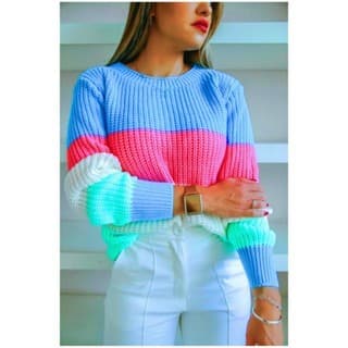 Blusa Tricot Com Manga Longa Colorida Listrada Moda Blogueira Inverno