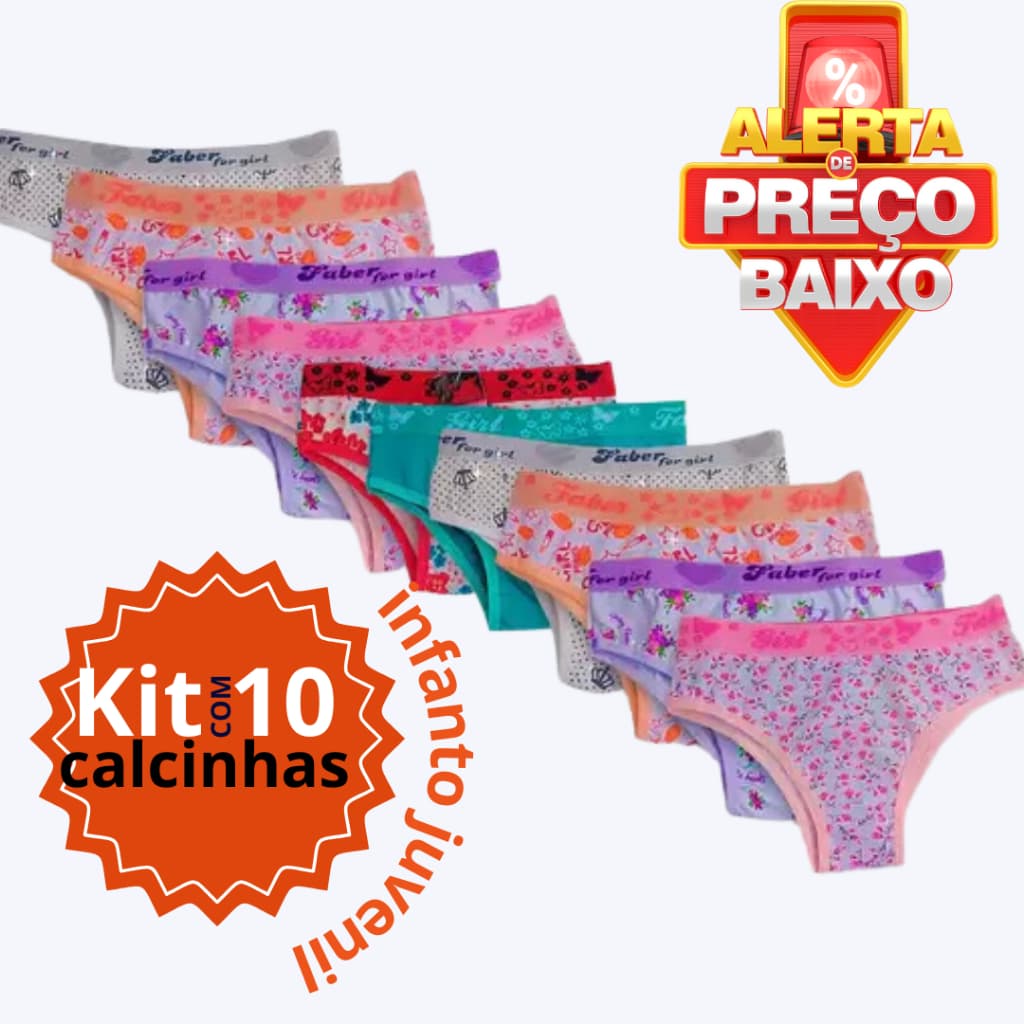 kit 10 calcinha infantil juvenil elástico menina de algodão cós multimarcas