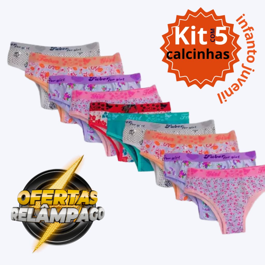 kit 5 calcinha infantil juvenil elástico menina de algodão cós multimarcas