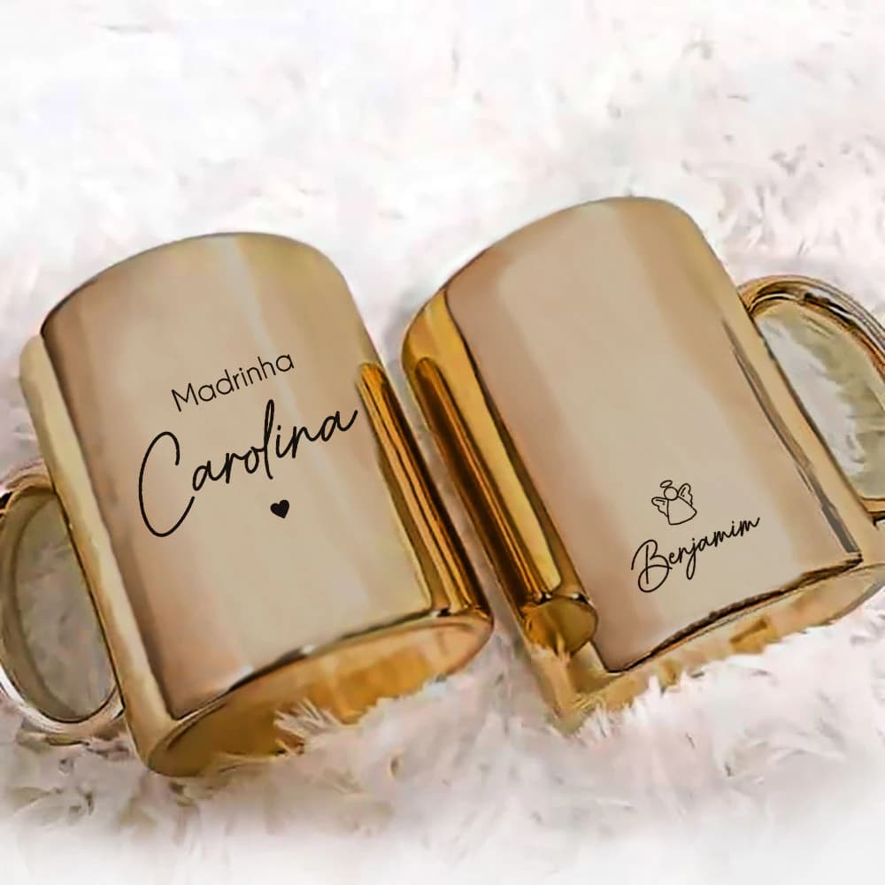 Caneca Madrinha Ou Padrinho Batismo Metalizada Dourada Frente e Verso