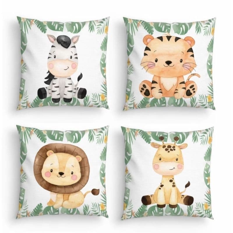 KIT 4 CAPAS DE ALMOFADAS DECORATIVAS SAFARI INFATIL QUARTO INFANTIL - TAMANHO 45X45